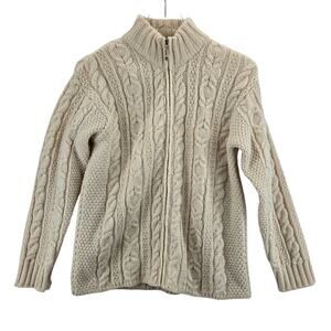 Aran Crafts Irish Knit Fisherman Cardigan Sweater Small Womens Merino Wool Ivory